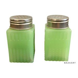 Jadeite TPC Brand Glass Salt And Pepper Shakers